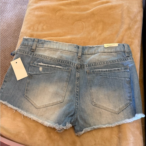 Blue Distressed Jean Shorts with Frayed Hem - Picture 7 of 9